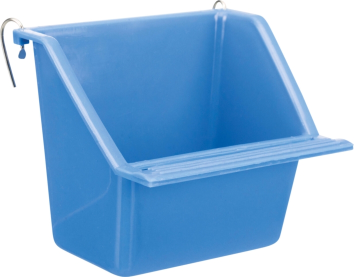 Plastic bowl with landing perch and wire holder for hanging