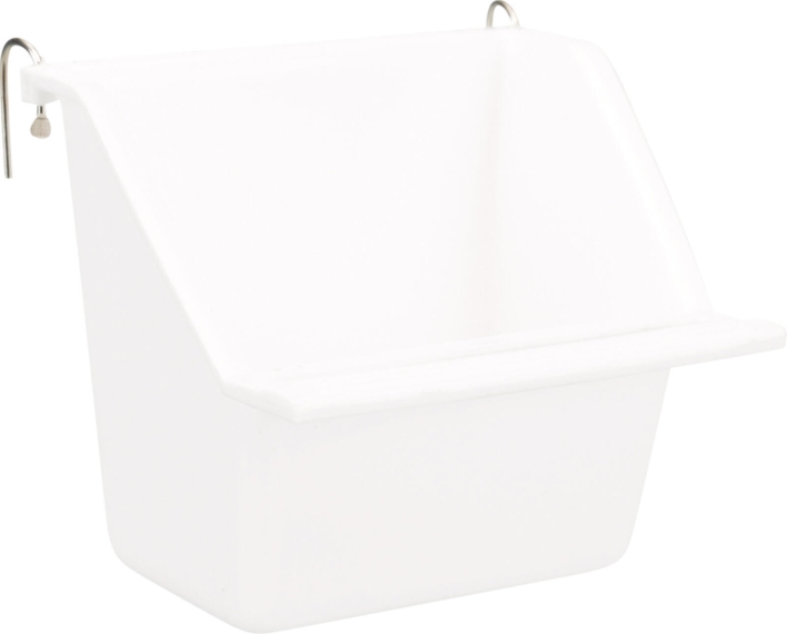 Plastic bowl with landing perch and wire holder for hanging