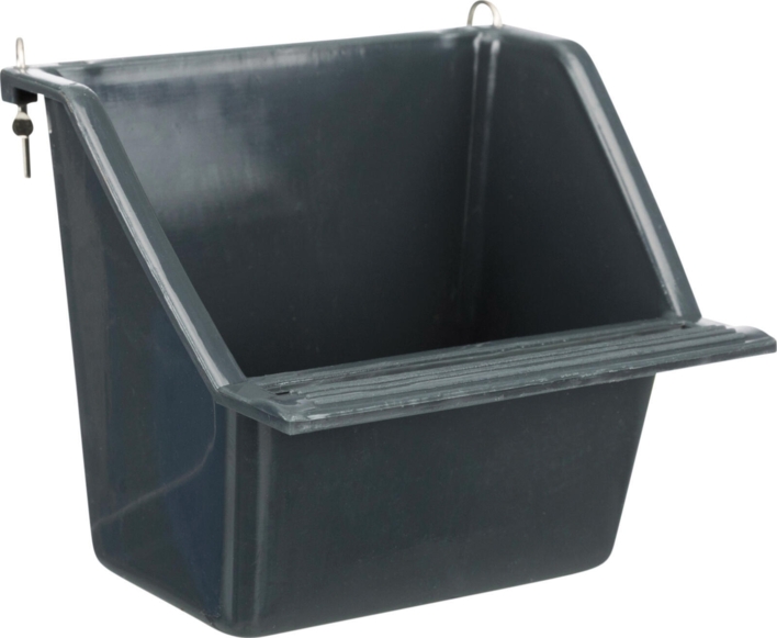 Plastic bowl with landing perch and wire holder for hanging